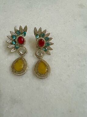 Vibrant Multi-Gem Teardrop Earrings - Yellow, Red & Teal
